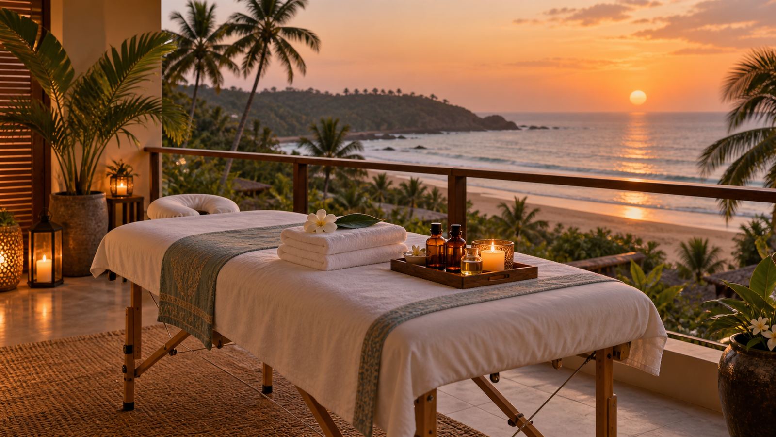 Massage table on a Goa hotel balcony at sunset