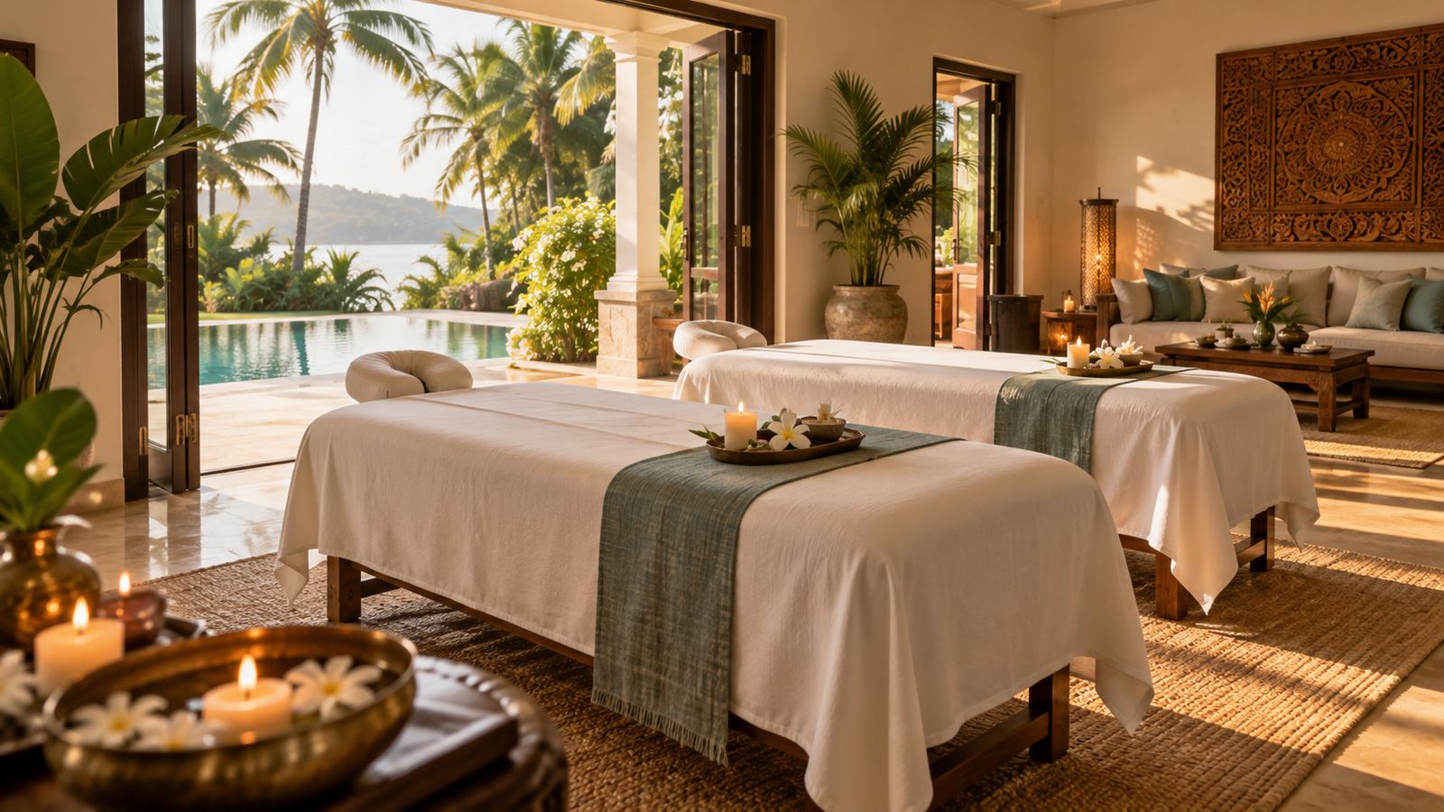 Two massage tables set up for a couples session in Goa
